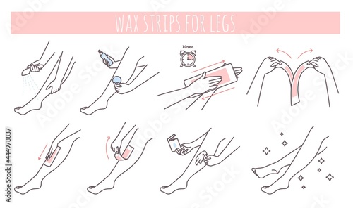 Hair removal wax strips application steps. Waxing at home guide. Skincare and beauty. Leg depilation vector illustration photo