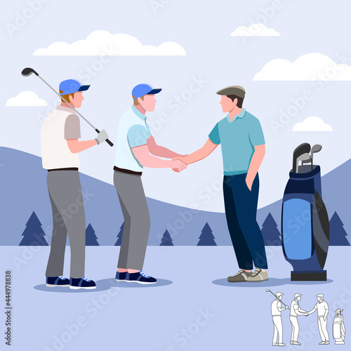 Golf partners shaking hands on the fields at golf course with golf clubs on green grass, cartoon, silhouettes, bundle vector illustration. character in different position.