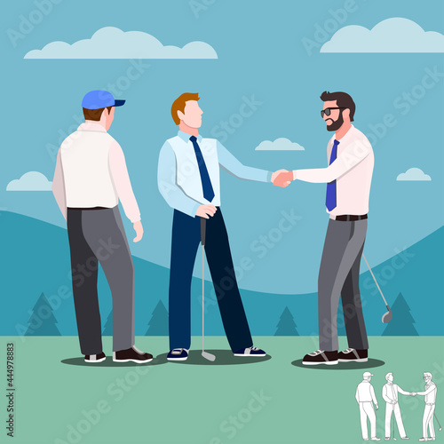 Golf partners shaking hands on the fields at golf course with golf clubs on green grass, cartoon, silhouettes, bundle vector illustration. character in different position.