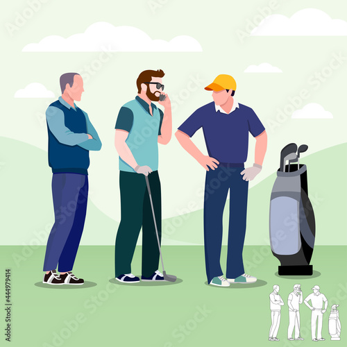 Golf and Business, partners group of young men talking on a golf field at golf course with golf clubs on green grass, cartoon, silhouettes, bundle vector illustration. character in different position.