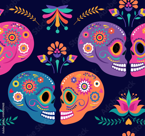 Day of the dead seamless pattern and background with colorful skulls and Mexican traditional flowers, Dia de los muertos banner. Fiesta, Halloween holiday poster, party flyer, funny greeting card