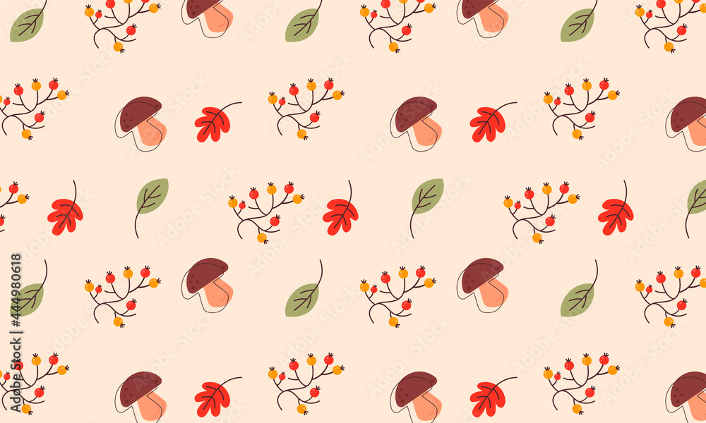 Autumn seamless vector pattern, Rowan Berries, Maple leaves, Mushrooms Autumn seamless vector pattern, Rowan Berries, Maple leaves, Mushrooms