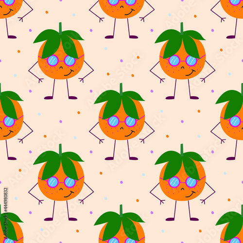 Seamless pattern with orange tangerines and green leaves. Gently orange background with dots. Vector illustration.