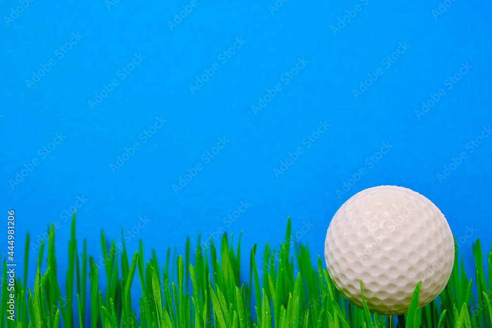 Golf ball on a green lawn on a blue background. Golf ball on a green lawn on a blue background.