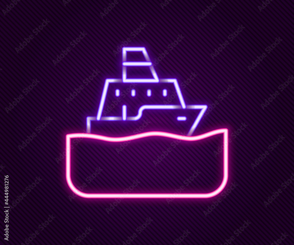 Glowing neon line Cruise ship icon isolated on black background. Travel tourism nautical transport. Voyage passenger ship, cruise liner. Worldwide cruise. Colorful outline concept. Vector Glowing neon line Cruise ship icon isolated on black background. Travel tourism nautical transport. Voyage passenger ship, cruise liner. Worldwide cruise. Colorful outline concept. Vector