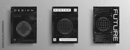 Set of retrofuturistic posters with HUD elements, broken laser grid, and wireframe planet. Black and white retro cyberpunk style poster design. Electronic music cover design. Vector