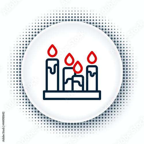 Line Burning candle icon isolated on white background. Cylindrical aromatic candle stick with burning flame. Happy Halloween party. Colorful outline concept. Vector