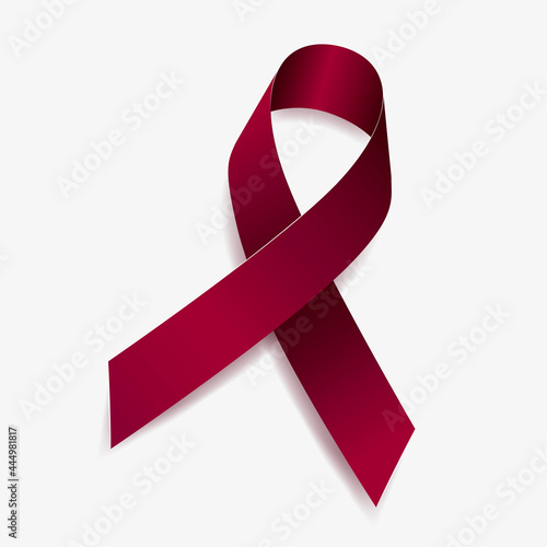 Burgundy ribbon awareness Disabled Adults, Cystic Hygroma, Brain Aneurysm, Hemangioma, Multiple Myeloma. Isolated on white background. Vector  illustration.
