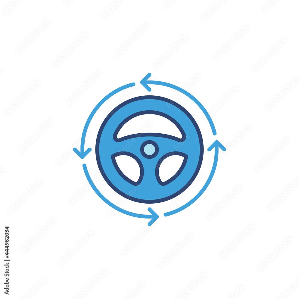 Obraz premium Steering Wheel with Arrows blue icon. Car vector sign