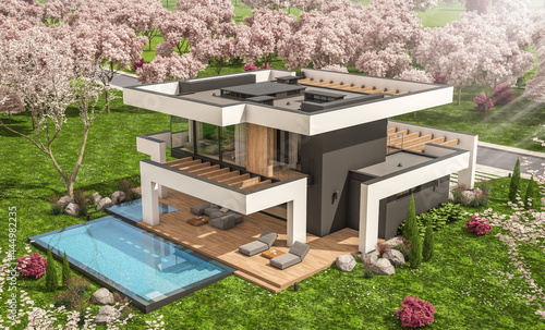3d rendering of modern cozy house with pool and parking for sale or rent in luxurious style and beautiful landscaping on background. Fresh spring day with a blooming trees with flowers of sakura on ba