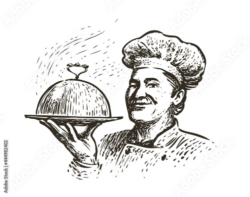 Chef with a tray. Illustration for the design of the menu of a restaurant or diner