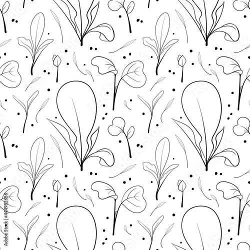 Seamless pattern with radish sprouts background. Sketch microgreen seeds vector illustration.
