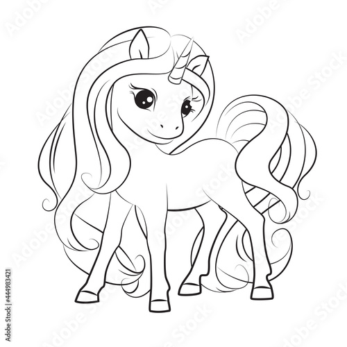 Art. Coloring.  Hand drawn illustration of cute little unicorn . Black and white. Fashion illustration drawing in modern style. Silhouette. Colorbook.  Isolated .Children background. Magic pony. 