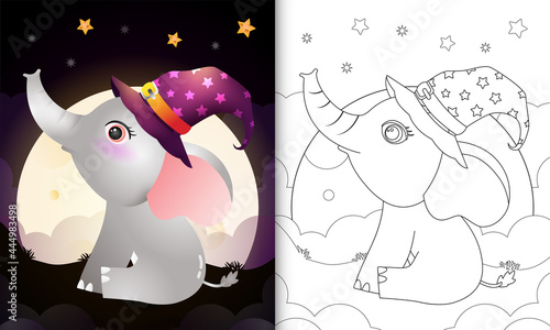 coloring book with a cute cartoon halloween witch elephant front the moon