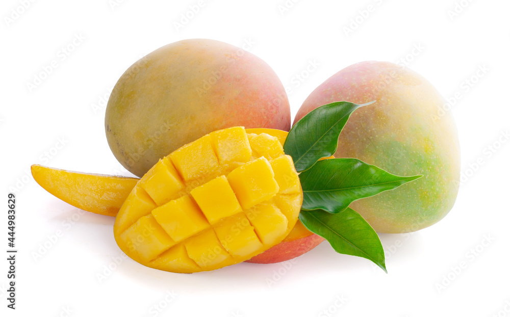 Mango fruit with mango cubes and slices. Isolated on a white background Mango fruit with mango cubes and slices. Isolated on a white background