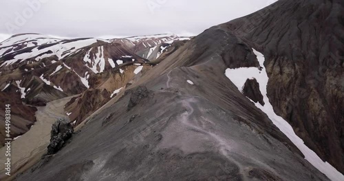 4K Aerial view of Blahnukur volcano with beautiful view of rainbow mountain Landmannalaugar. Typical Icelandic colorful nature full of moss and rhyolite. Drone footage of Landmannalaugar. photo