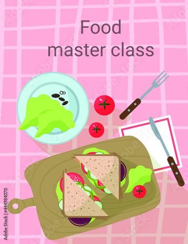 Culture food master class. poster or banner of summer picnic, sandwich on plate on tablecloth. Vector illustration. Summertime
