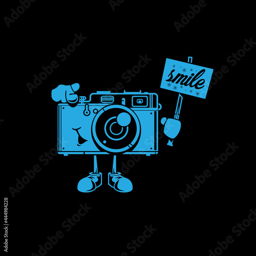 Funky camera character with smile slogan on dark background cartoon vector illustration