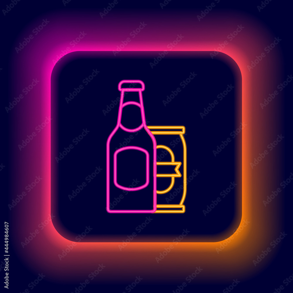 Glowing neon line Beer bottle and beer can icon isolated on black background. Colorful outline concept. Vector Glowing neon line Beer bottle and beer can icon isolated on black background. Colorful outline concept. Vector
