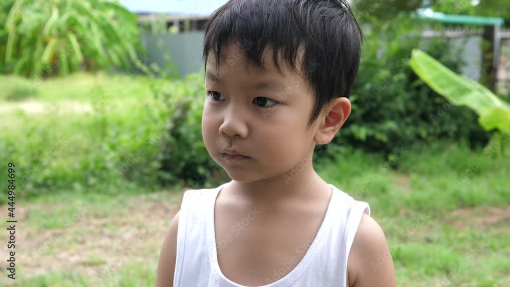 Asian cute child boy looking in garden nature background with thinking, close up kid face. Concept of healthy lifestyle. Asian cute child boy looking in garden nature background with thinking, close up kid face. Concept of healthy lifestyle.