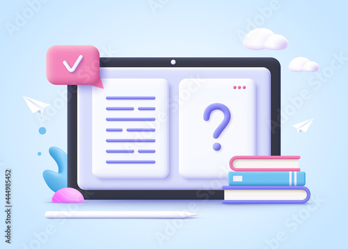 Concept of online education. Book pages and question mark, learning resources, study course, exam preparation, review knowledge, short summary, write essay. 3d realistic vector illustration.