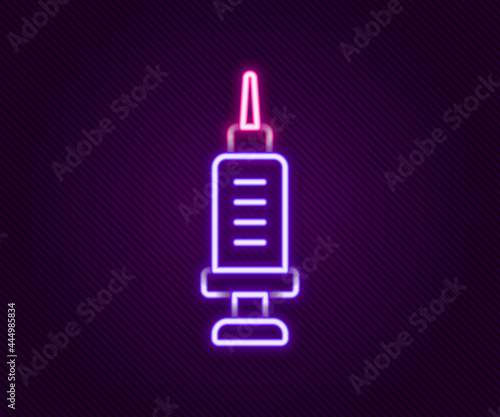 Glowing neon line Addiction to the drug icon isolated on black background. Heroin, narcotic, addiction, illegal. Sick junkie with a syringe and medical pills. Colorful outline concept. Vector