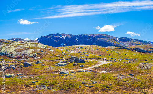 Amazing Vavatn lake panorama rough landscape boulders mountains Hemsedal Norway. photo