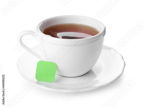 Cup of aromatic hot tea isolated on white