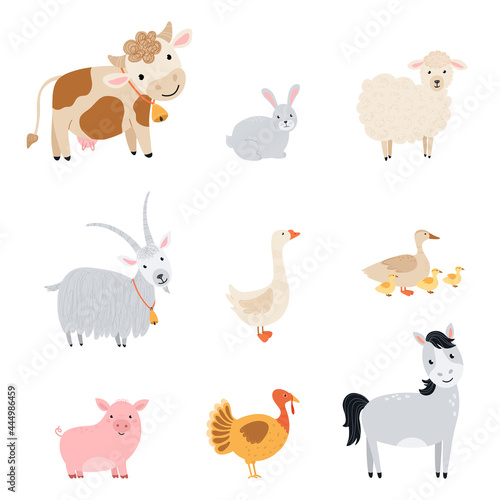 Set farm elements. Collection cute farm animals in a flat style. Illustration with pets cow, horse, pig, goose, rabbit, chicken, goat, sheep, turkey, duck isolated on white background. Vector