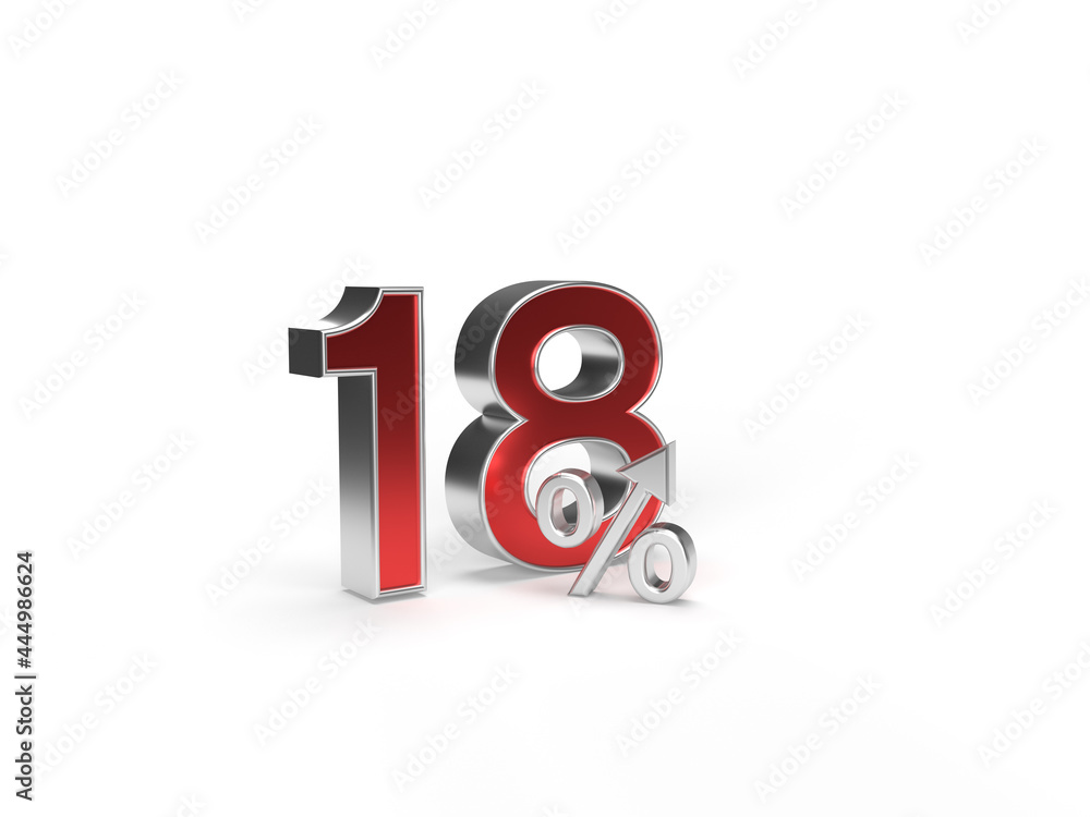Digit or number eighteen and percent with an arrow up on a white background. Digit or number eighteen and percent with an arrow up on a white background.