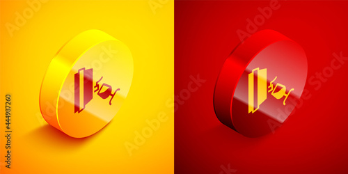 Isometric Wine tasting, degustation icon isolated on orange and red background. Wooden barrel for wine with glass. Circle button. Vector