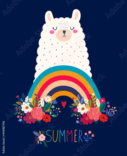 Baby design with cute llama and rainbow.  Vector illustration with cute animal lama, alpaca. Nursery baby illustration