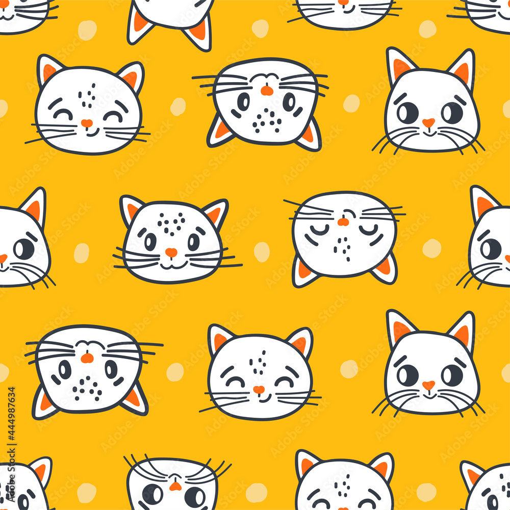 Cat seamless pattern. Cute kittens on a mustard polka dot background. Childrens characters in Scandinavian hand-drawn cartoon style. For children's fabrics, textiles, stationery. Cat seamless pattern. Cute kittens on a mustard polka dot background. Childrens characters in Scandinavian hand-drawn cartoon style. For children's fabrics, textiles, stationery.
