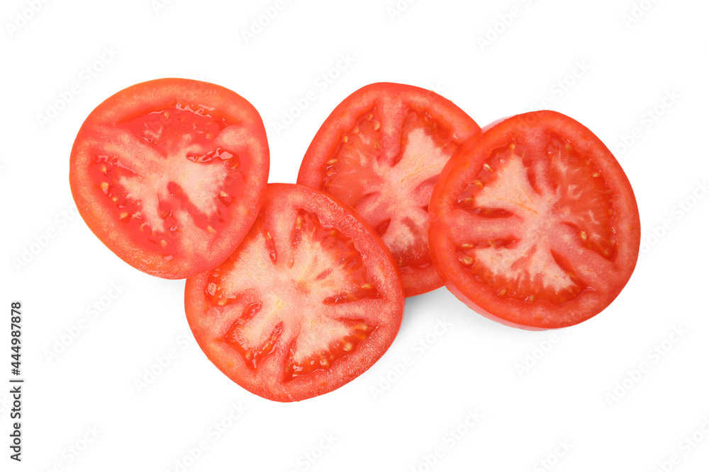 Slices of ripe tomato on white background, top view Slices of ripe tomato on white background, top view