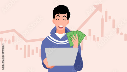 Happy young men trading stocks market get profit,hold cash and laptop, investing concepts, Candlestick graph buy and sell sign,internet earning cash study, winning plenty of money, vector