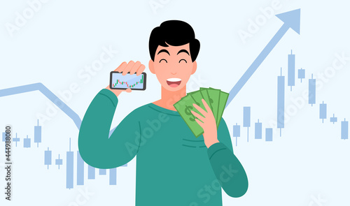 Happy young men trading stocks market get profit,hold cash and smartphone, investing concepts, Candlestick graph buy and sell sign,internet earning cash study, winning plenty of money, vector