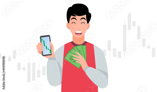 Happy young men trading stocks market get profit,hold cash and smartphone, investing concepts, Candlestick graph buy and sell sign,internet earning cash study, winning plenty of money, vector