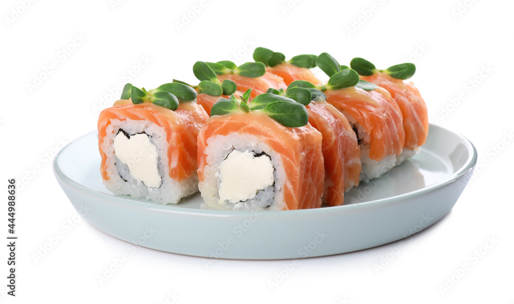 Tasty sushi rolls with salmon on white background Tasty sushi rolls with salmon on white background