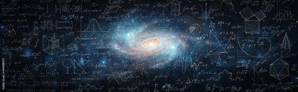 Mathematical and physical formulas against the background of a galaxy in universe. Space Background on the theme of science and education. Elements of this image furnished by NASA. - obrazy, fototapety, plakaty 