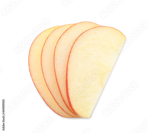 Slices of apple on white background, top view