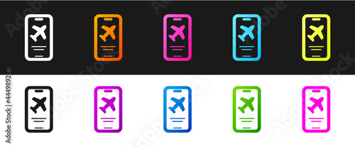 Set Smartphone with electronic boarding pass airline ticket icon isolated on black and white background. Passenger plane mobile ticket for web and app. Vector