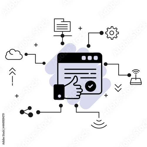 Checked and Approved Vector Glyph Icon Design, Cloud computing and Internet hosting services Symbol, Verified Webpage Concept, Browser with OK Sign Stock illustration photo