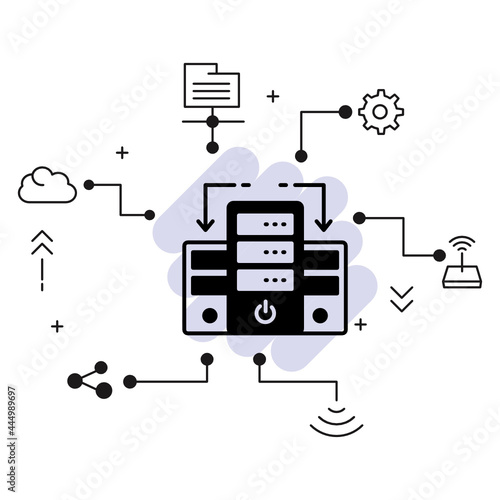 Inter linked Server PC vector Icon Design, Cloud computing and Internet hosting services Symbol, Master slave technology concept, Peer to Peer Stock illustration