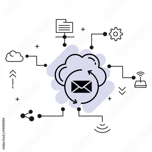 Hosted Email Server Concept, Cloud Server Messaging Vector Glyph Icon Design, Cloud computing and Web hosting services Symbol stock illustration