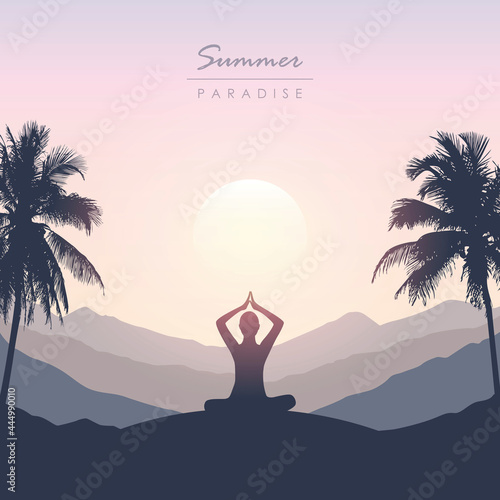 peace of mind meditation concept silhouette with mountain palm background