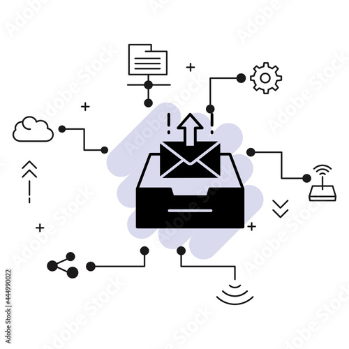 Send All Interface, outgoing mail Server vector Glyph icon design, Cloud computing and Web hosting services Symbol on White background, Outbox Concept, Mail Client UI Stock illustration