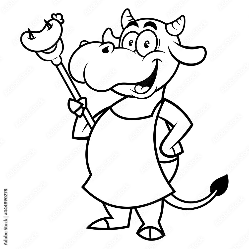 Black and white cartoon illustration of Big Fat Cow holding a sausage with fork and ready to grilled, best for coloring book for children with beef product themes Black and white cartoon illustration of Big Fat Cow holding a sausage with fork and ready to grilled, best for coloring book for children with beef product themes