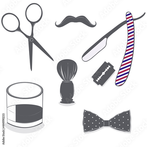Barber shop. Salon. Hair clippers and hairstyles. Brush, razor, blade, scissors. Men's haircut and care for beard and mustache. Vector illustration isolated on white background.