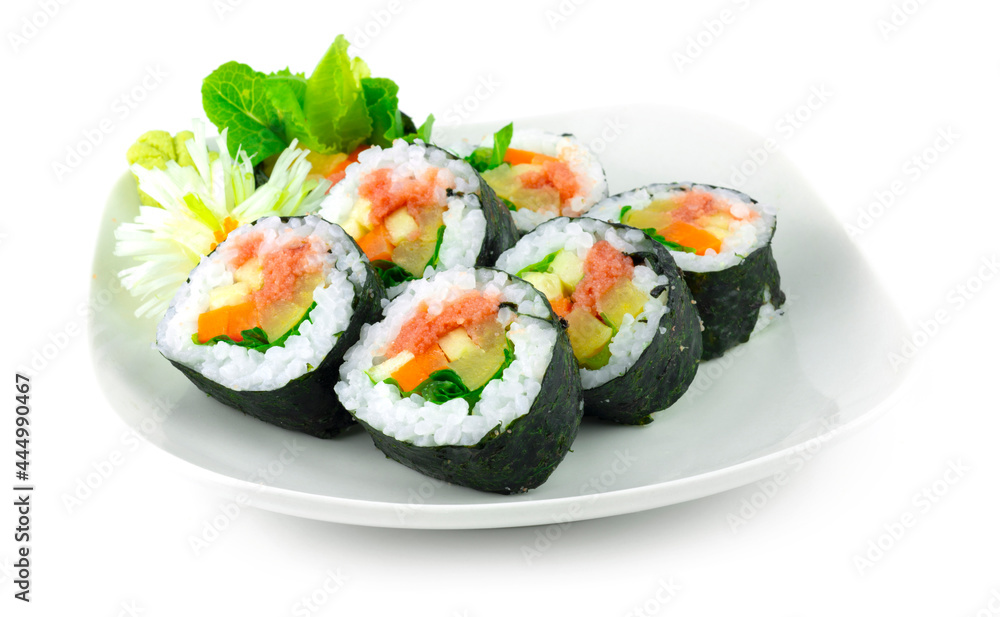 Mentaiko Roll Maki Sushi dish Japanese Tara Coed Roe filling with vegetables Japanese food Mentaiko Roll Maki Sushi dish Japanese Tara Coed Roe filling with vegetables Japanese food