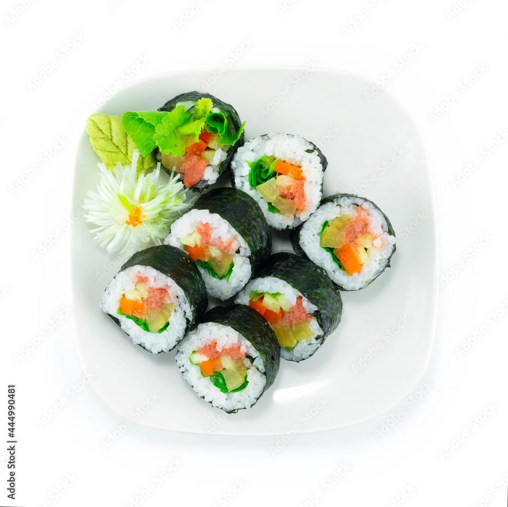Mentaiko Roll Maki Sushi dish Japanese Tara Coed Roe filling with vegetables Japanese food Mentaiko Roll Maki Sushi dish Japanese Tara Coed Roe filling with vegetables Japanese food